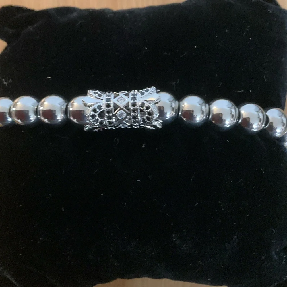 Hand Crafted Silver Beaded Bracelet Pave Stretch 7” Unisex Steel Beads